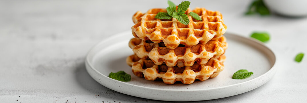 Stacked mini Liege waffles garnished with mint leaves, culinary elegance