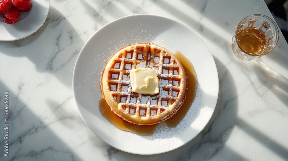 Poster a classic waffle with butter and syrup on a simple white plate, surrounded by a clean, modern kitche