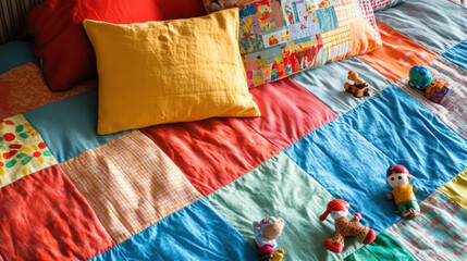 Colorful quilt on bed with scattered toy figurines and pillows, creating playful and inviting atmosphere. Perfect for child room or cozy space
