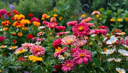 Colorful flowers bloom in a garden in the rain