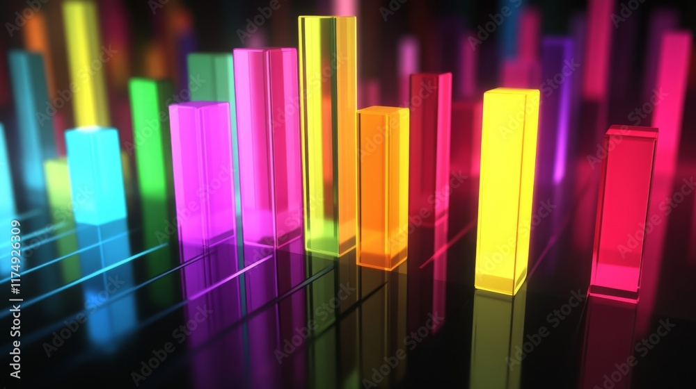 Poster a clean, modern d bar graph with light reflections and sharp edges, showing market fluctuations in v