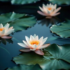 Three white water lilies float on calm dark water, surrounded by large green lily pads. © Fenny