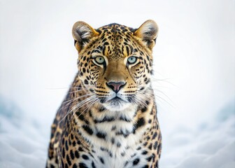Obraz premium Dreamlike leopard portrait, stark white backdrop, artistic surrealism.