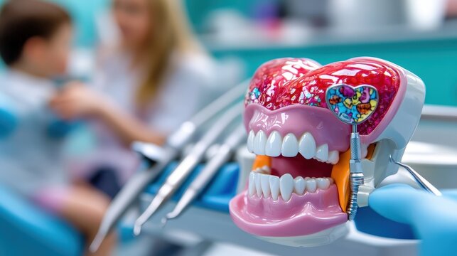 A colorful dental model showcases dental features and tools, highlighting the significance of oral hygiene education in pediatric settings, promoting understanding and awareness.