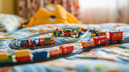 Fototapeta premium collection of colorful toy trains and tracks on bed, creating playful scene. vibrant colors and cheerful arrangement invite imagination and fun