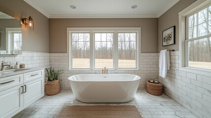 Elegant modern bathroom with freestanding tub and natural light from windows