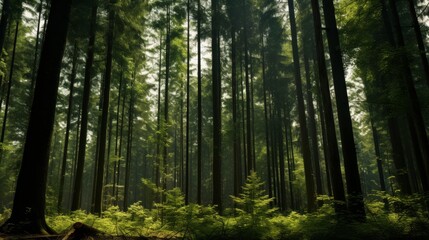 Obraz premium Dense forest with tall green trees, seen from a low angle, with bright sunlight