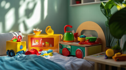 Obraz premium cozy bed with playful assortment of colorful toy kitchen sets, creating cheerful atmosphere in bright room filled with natural light