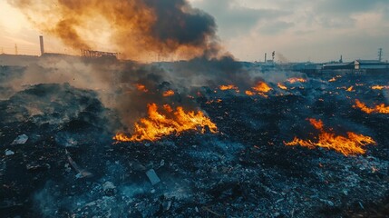 Industrial Landscape with Burning Waste and Rising Smoke Polluting the Air