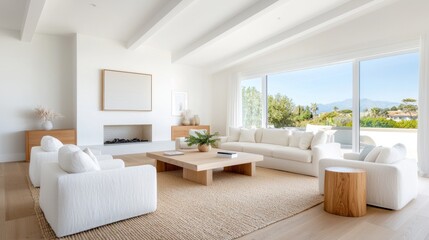 Modern Minimalist Living Room Interior with Bright Natural Light and Scenic View