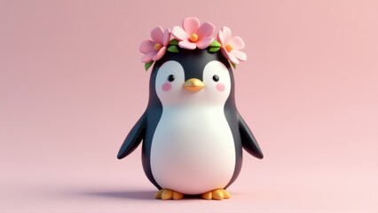 Obraz premium Cute Penguin with Flower Crown on Pink Background