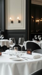 An elegant table setting in a sophisticated restaurant with candles and fine glassware, exuding a luxurious ambiance.