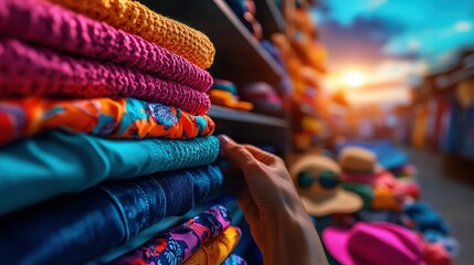 A hand reaches for vibrant rolled-up fabrics displayed in a market, highlighting a rich array of colors and textures that evoke feelings of joy, creativity, and the essence of shopping adventures.