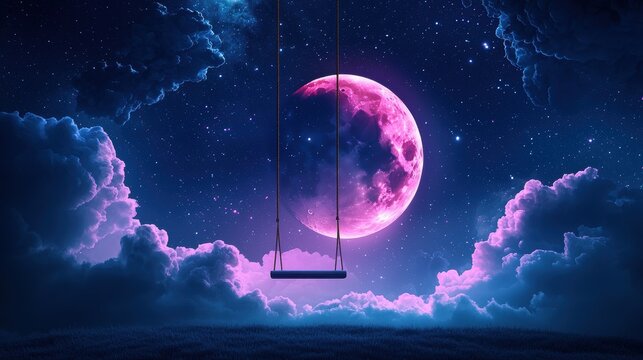A lone swing set suspended from a giant, glowing moon against a backdrop of swirling nebula clouds and distant galaxies, evoking a sense of wonder and childhood dreams.
