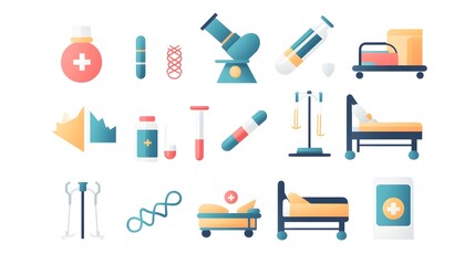 Obraz premium A flat design medical icon set with vibrant colors, featuring microscopes, DNA strands, and hospital beds on a transparent background 