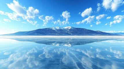 Serene winter landscape with snow-capped mountains reflected in a frozen lake. Ideal for nature, travel, and meditation app backgrounds.