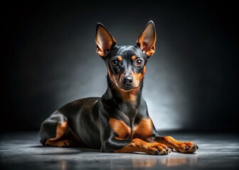 Miniature Pinscher Dog Low Light Photography, Adorable Puppy Lying on White Floor, Studio Shot
