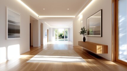 Obraz premium Modern Hallway in Bright Contemporary Space with Natural Light and Minimal Decor