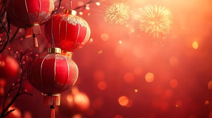 A vibrant Chinese New Year background featuring red lanterns, golden fireworks, and intricate patterns on a rich red gradient