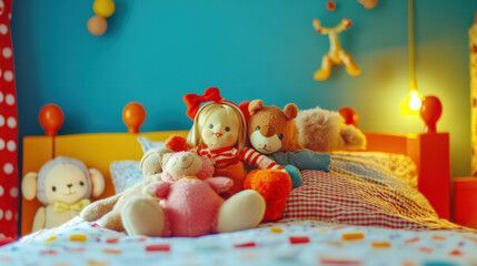 Obraz premium playful scene of dolls and stuffed animals on colorful bed, creating cheerful and cozy atmosphere for children. vibrant colors and soft toys evoke sense of joy and comfort