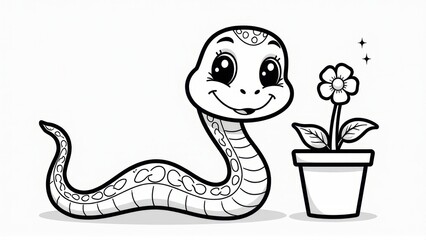 Fototapeta premium Cute Cartoon Snake with Flower Pot Coloring Page, Coloring Page, Line Art Illustration, isolated white background, Coloring Page, Line Art Illustration, isolated white background