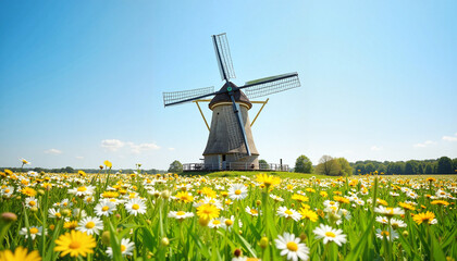A stunning windmill stands tall amidst a field of colorful wildflowers under a clear blue sky. The lively scene captures the essence of a peaceful day in the countryside