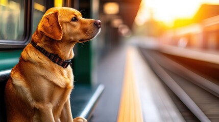 A golden retriever gazes outside from a train car as the sunset casts a warm glow, symbolizing loyalty and the anticipation of travel while highlighting the animal's character.