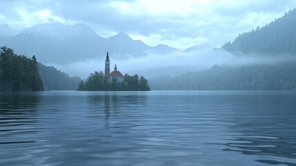 Serene lake with an island church surrounded by misty mountains.