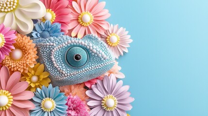 A chameleon blending seamlessly with a background of brightly colored flowers, its skin changing to match their hues, highlighting its ability to adapt and the beauty of camouflage.