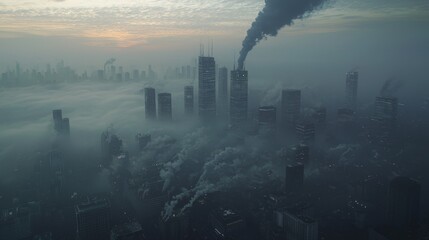 Fototapeta premium Dark Urban Skyline Shrouded in Dense Smoke and Air Pollution