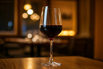 A glass of red wine on a wooden table with a softly lit background.