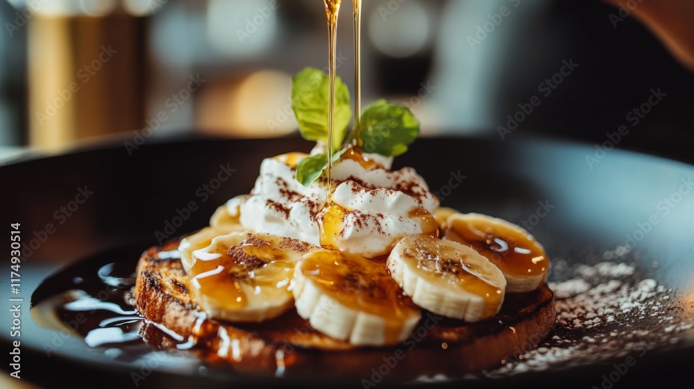 Poster a close-up of a decadent honey toast dish topped with caramelized bananas, whipped cream, and a gene