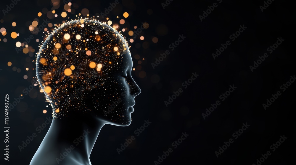 Poster a transparent human head silhouette superimposed with a continuous stream of data points and algorit