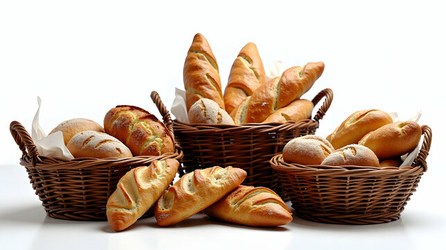 Golden-brown loaves, freshly baked, in rustic wicker baskets, a delightful array of bread.  A tempting bakery scene.
