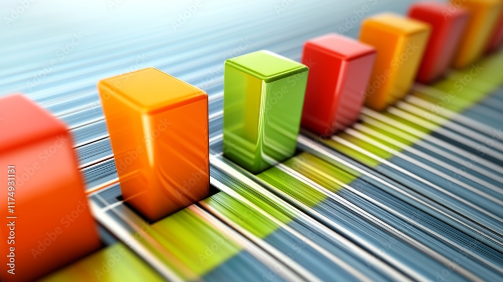 Fototapete A close-up of a financial bar graph displayed on a computer monitor, with fluctuating bars in red and green indicating market shifts