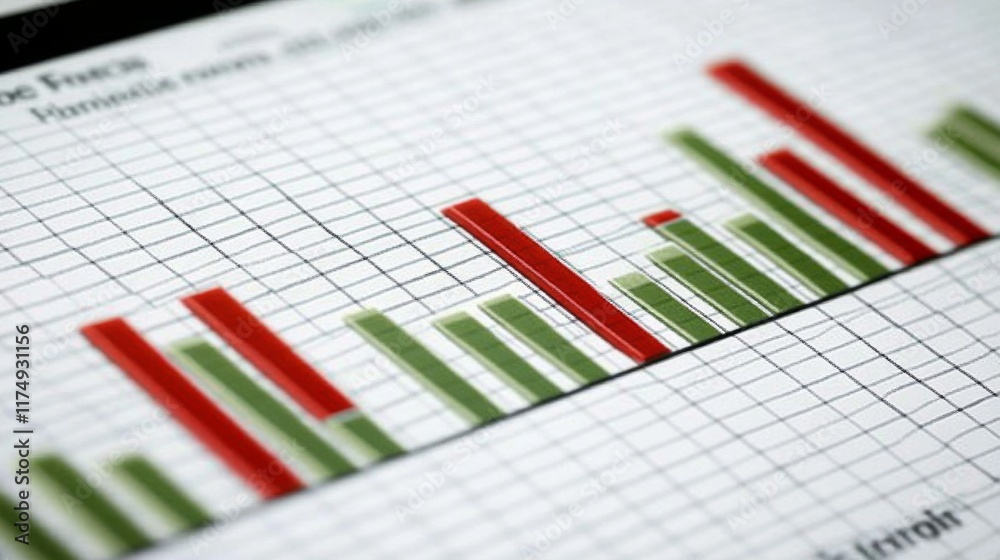 Poster a close-up of a financial bar graph displayed on a computer monitor, with fluctuating bars in red an