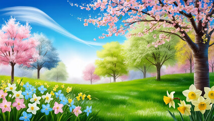 A serene and vibrant scene capturing the essence of spring, with blooming flowers of soft pastel hues, such as pale pink, baby blue, and mint green