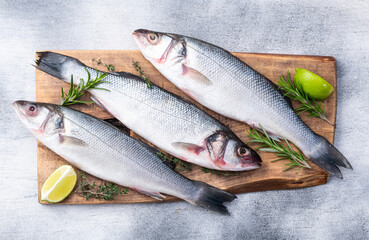 Raw sea bass fish photography . Top view