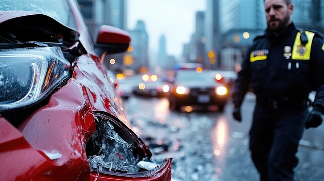 A close-up view of a crashed red car with shattered glass and an officer surveying the scene, capturing the stark reality of an urban traffic accident on a rainy day.