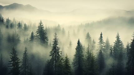 Fototapeta premium Misty landscape with dense fir forest, warm vintage retro style, soft lighting, cool tones, ample copy space