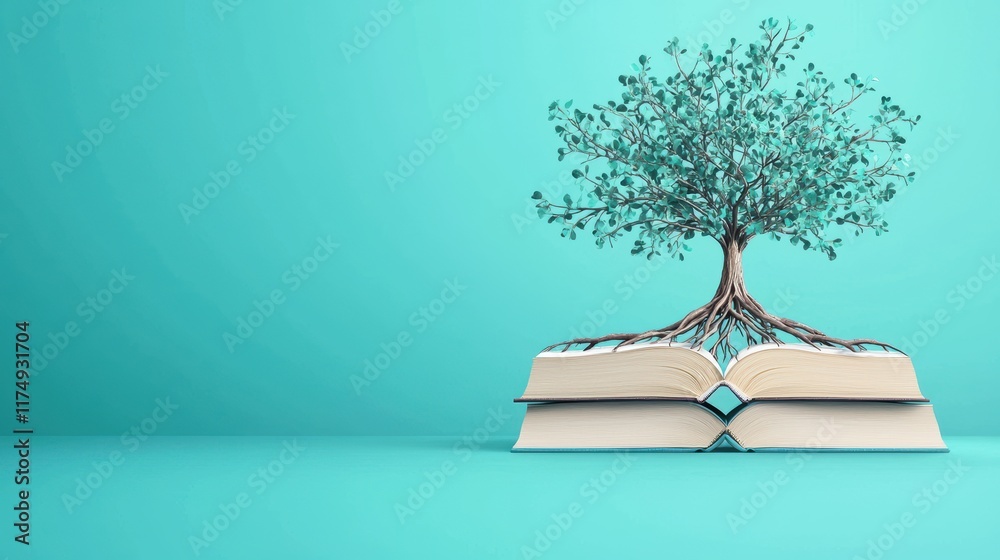 Poster a tree with roots growing into a network of interconnected books, symbolizing the foundation of know