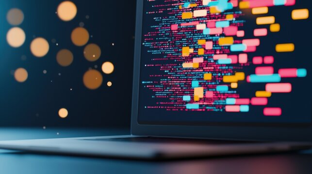 A close up shot of a computer screen filled with colorful lines of code, highlighting the syntax of a popular programming language like Python or JavaScript.