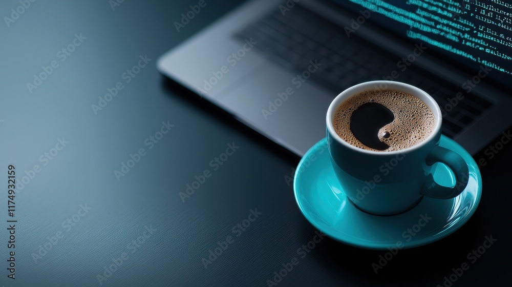 Wall mural a stylized image of a coffee cup and a laptop with code displayed on the screen, representing the po