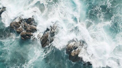 Overhead shot of ocean waves breaking against rugged rocks, white foam contrast