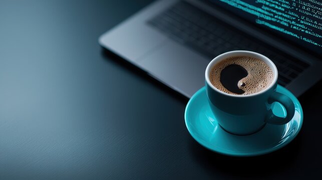 A stylized image of a coffee cup and a laptop with code displayed on the screen, representing the popular association of coding with caffeine and late nights.