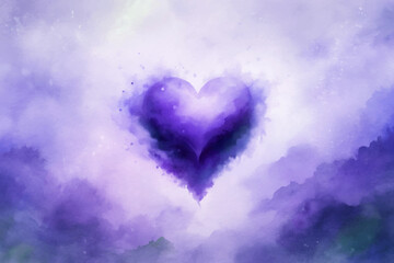 Purple heart shape, watercolor texture, soft background, romantic theme, artistic design, emotional expression, dreamy atmosphere.