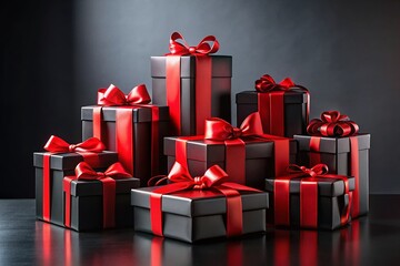 Elegant New Year's Gifts: Red & Black Presents on White Table Against Black Background