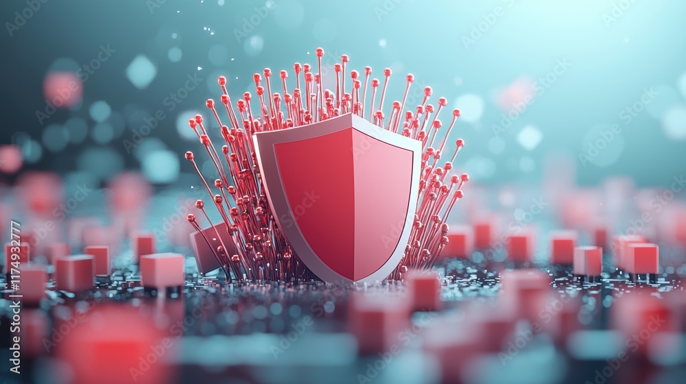 Poster a graphic illustration of a shield protecting a computer network from cyberattacks, with glowing lin