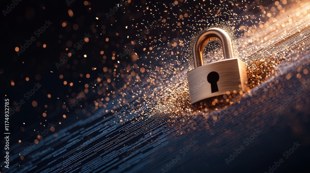 Poster a conceptual image of a padlock superimposed on lines of code, representing the importance of securi