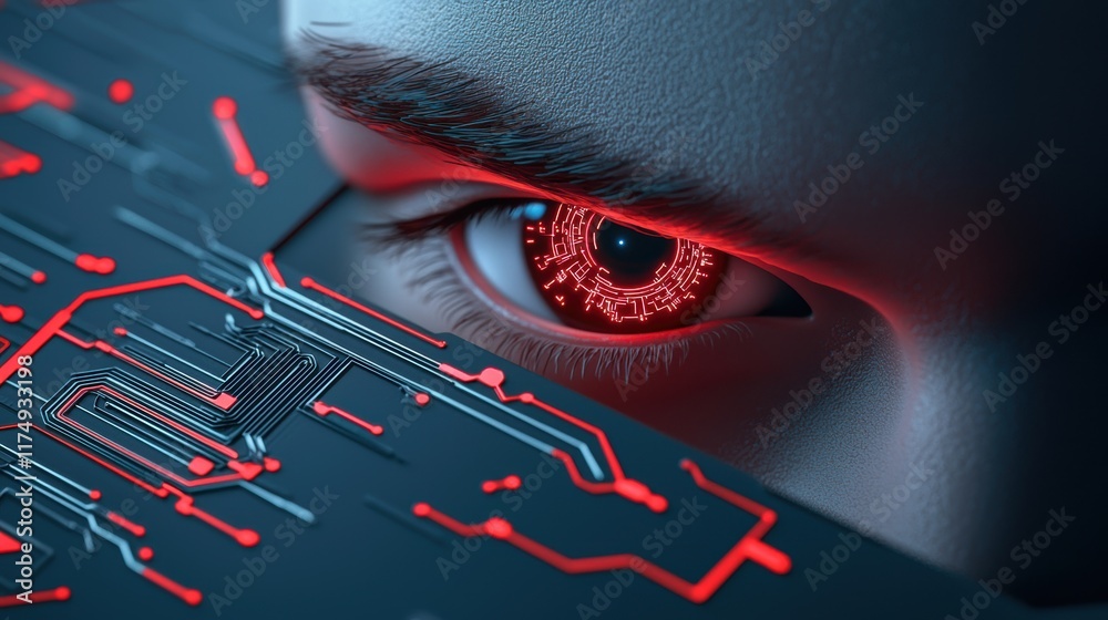 Poster an abstract representation of an ai entity with glowing eyes and circuits, evoking both wonder and c